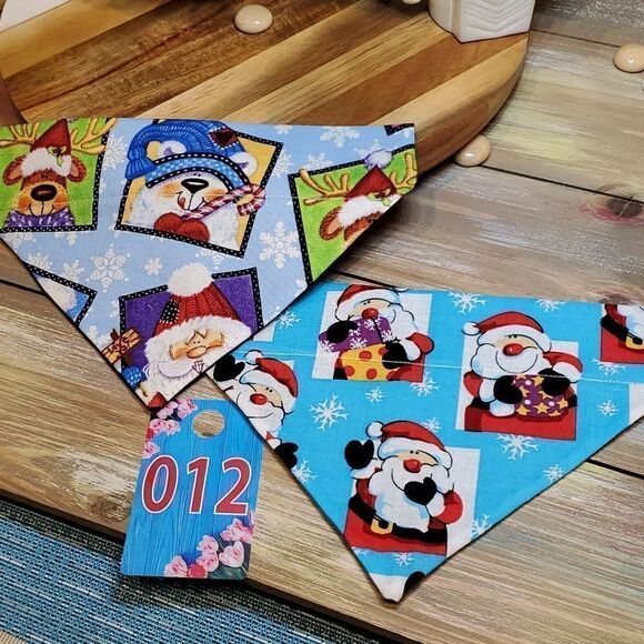 #12  Medium 9" Two Colorful Christmas Dog Bandanas Unisex!! - Picture 1 of 3